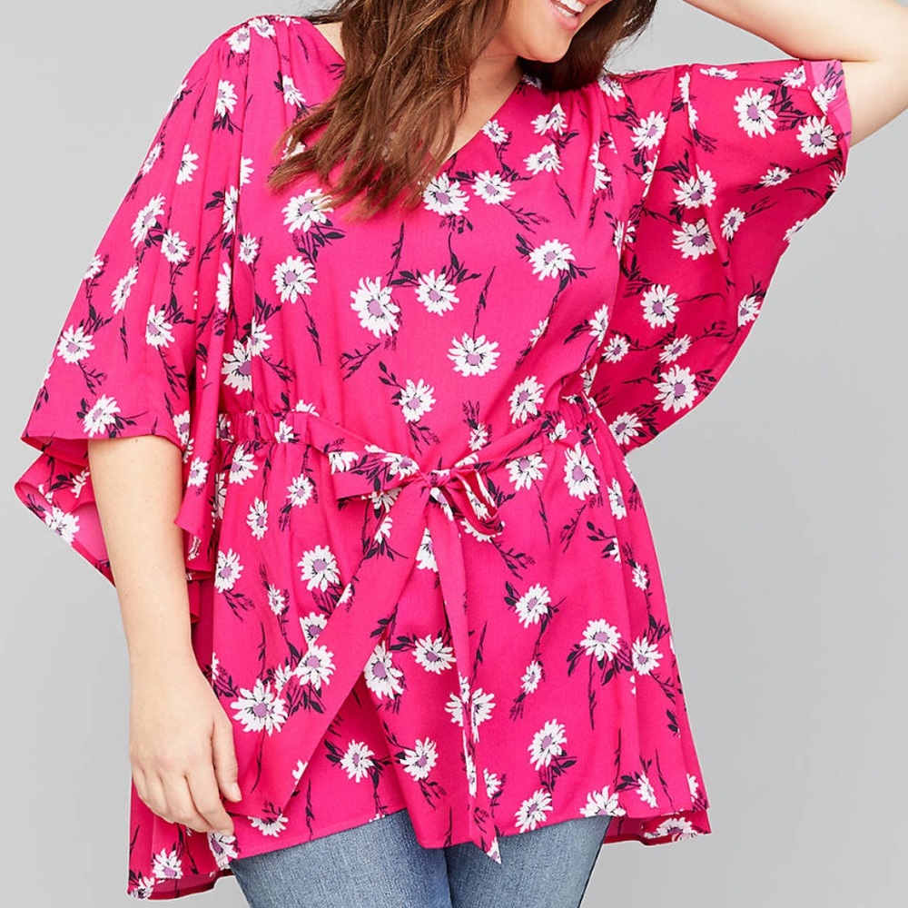 Lane Bryant Pink Floral Kimono Tunic Top 1X 2X